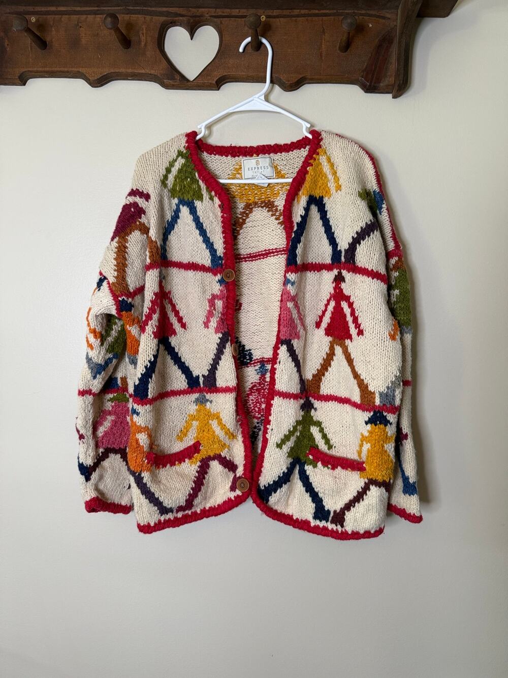 Vintage Express Tricot Hand Knit Wool Cardigan Sweater Women One Size Folk Art